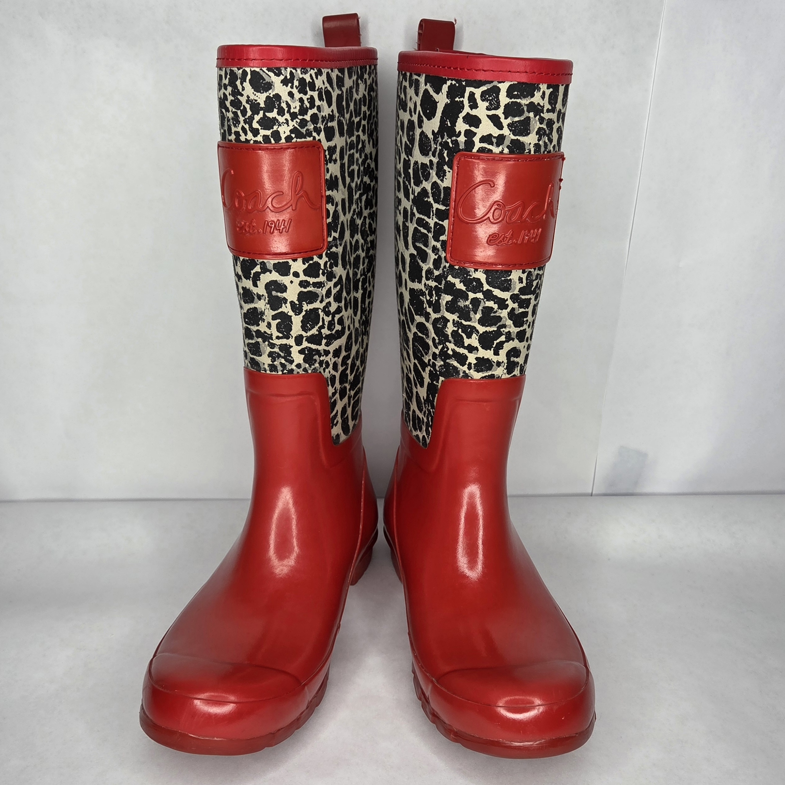 Coach Red & Black Leopard Print Tall Rain Boots